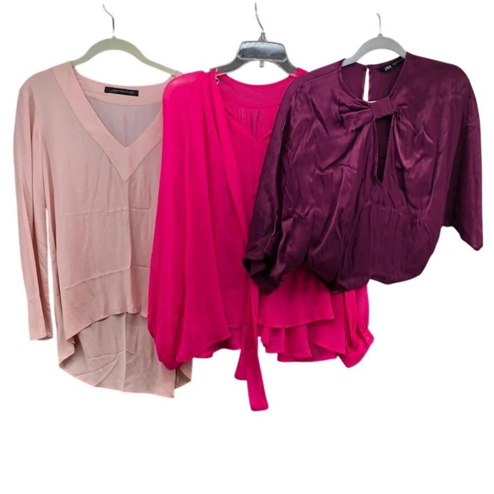 Zara Blouse Bundle Womens XS Pink Magenta Purple Satin Sheer High Low‎ Bow